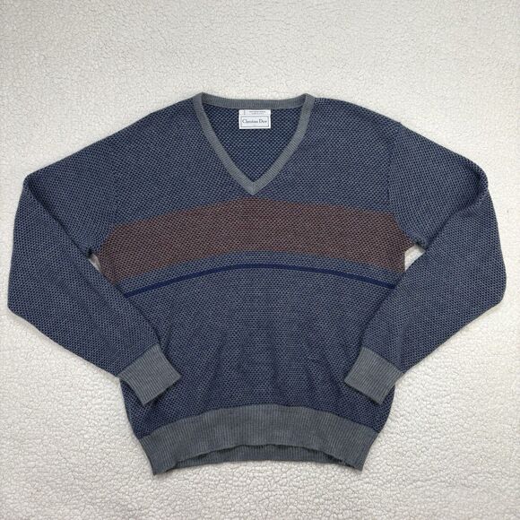 Vintage Christian Dior Mens L 100% Orlon Acrylic Striped V Neck Sweater Blue Red